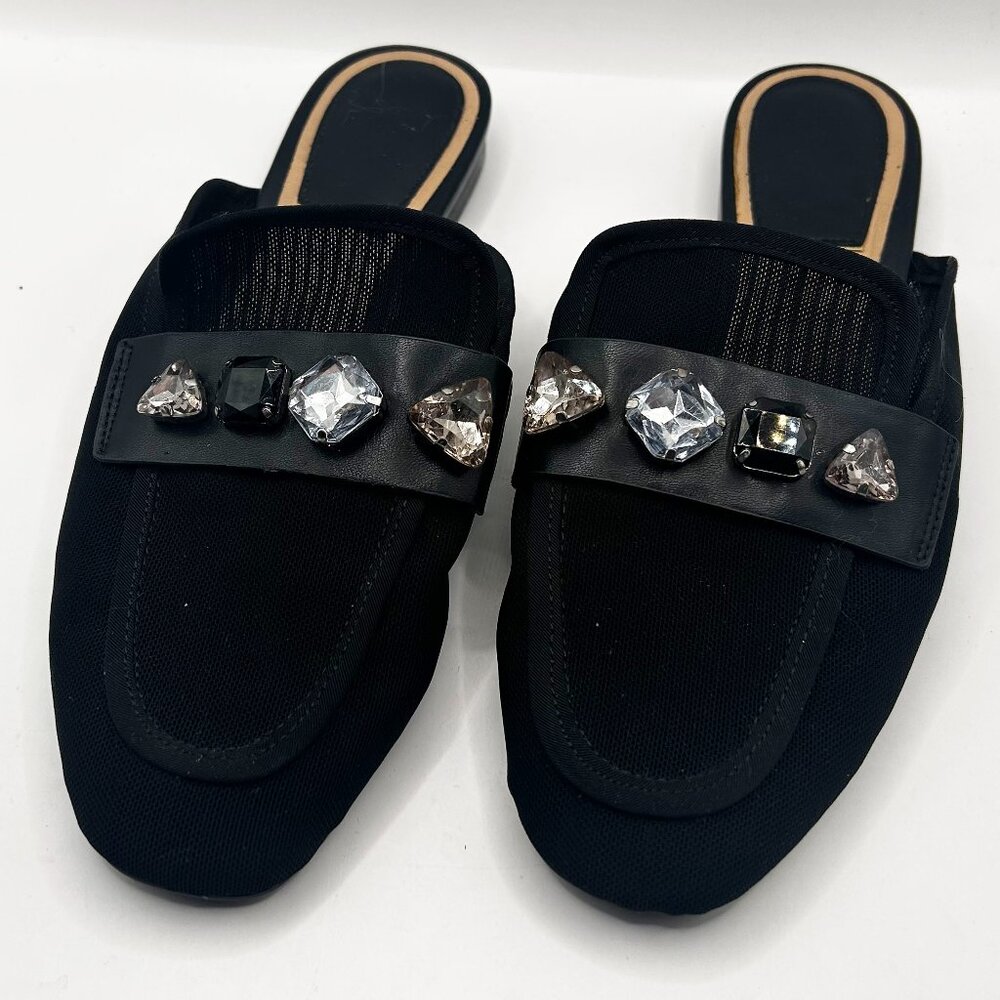 STRADIVARIUS Black Mesh, Low Heel, Jeweled Slip-On Shoe! Size 7, UK 38